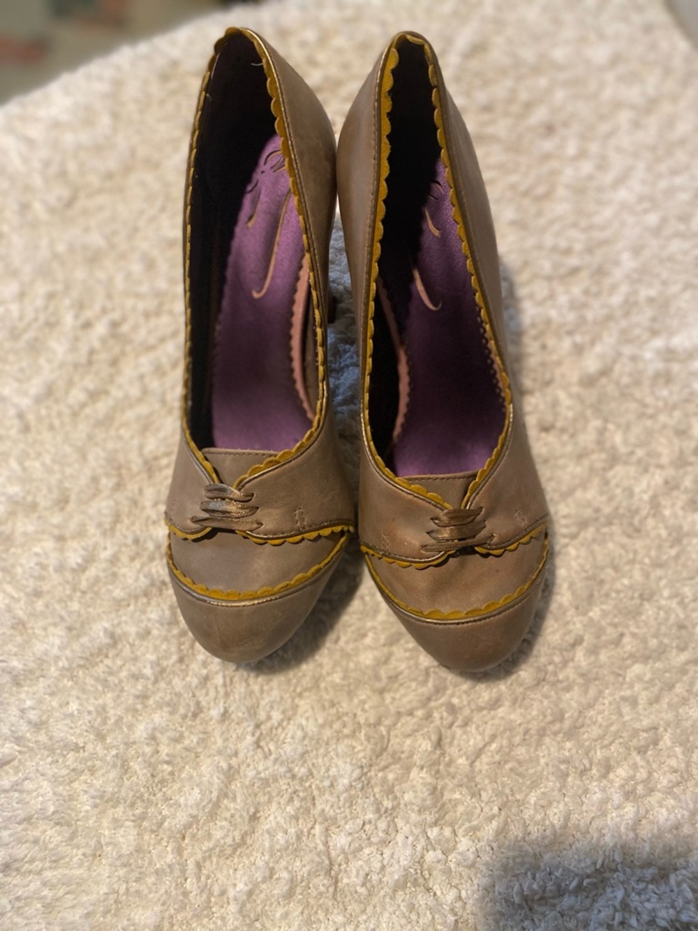 Poetic License Taupe Pumps with Mustard Trim and Purple Insole